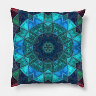 Mosaic Kaleidoscope Flower Blue Teal and Pink Pillow