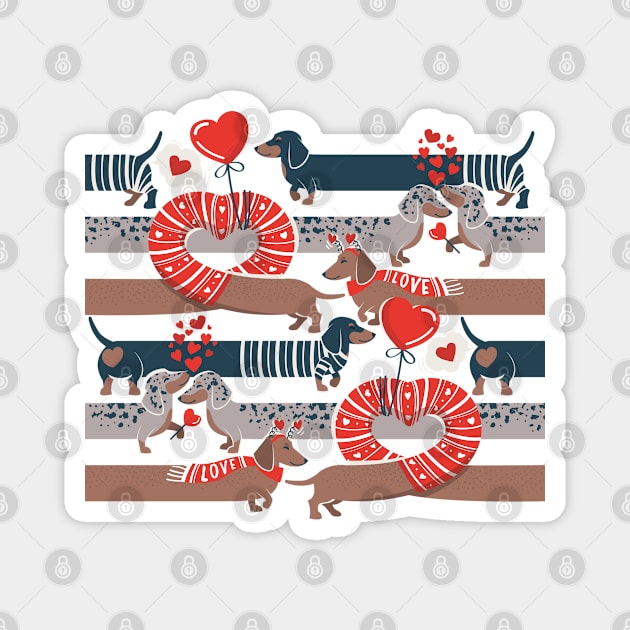 Dachshunds long love // neon red hearts scarves sweaters and other Valentine's Day details brown nile blue and dark grey spotted funny doxies dog puppies Magnet by SelmaCardoso