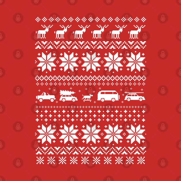 Red and White Christmas Sweater Pattern with Reindeer and Cars by Coffee Squirrel