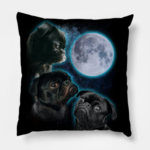 Three Pugs moon Pillow by ursulalopez