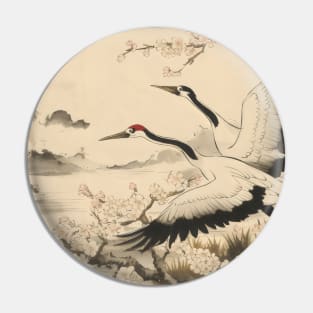 Crane birds - traditional japanese sumi e art Pin