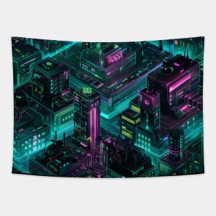 Isometric Cyberpunk City Neon Tapestry