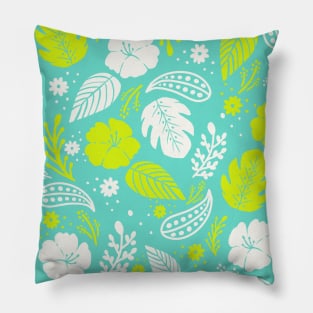 Foliage & Hibiscus Pattern - Blue & Green Pillow