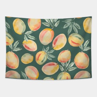 Watercolor painting of yellow mangoes on green pine background Tapestry