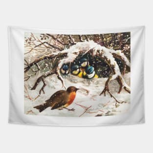 Vintage Christmas Postcard Depicting Birds in Snow Tapestry