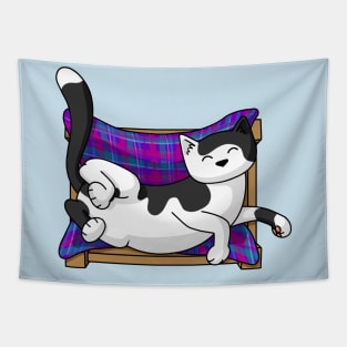 Black and white cat sleeping upside down Tapestry