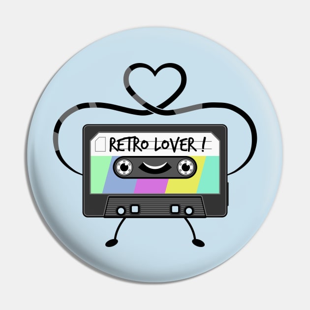 'Retro Lover!' Funny Cartoon Music Cassette Tape Pin by DavidSpeedDesign