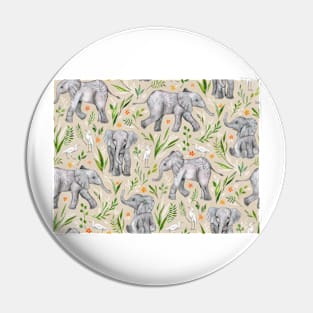 Baby Elephants and Egrets in Watercolor - neutral cream Pin