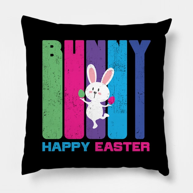 Bunny Happy Easter - Colorful Cute Easter Eggs Gift - Grunge Pillow by mstory