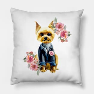 Cute Yorkshire Terrier Yorkie Watercolor Art Pillow