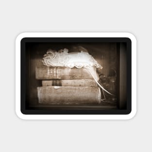 wedding hat and antique books at Caples House in Sepia Magnet