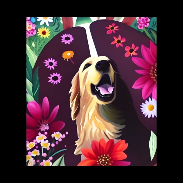 Golden Retriever Dog Puppy Whimsical Portrait Hiding in Wildflowers Secret Garden Digital Art Watercolor Painting by joannejgg