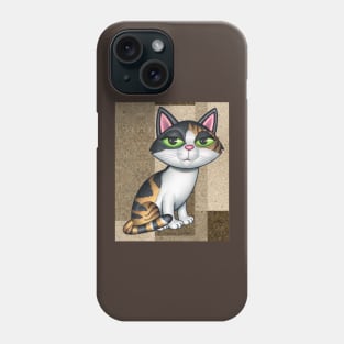 Fun Calico Kitty Cat on tan, brownish background shapes Phone Case
