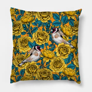 Yellow rose flowers and goldfinch birds Pillow