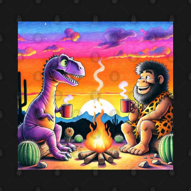 Dinosaur & Caveman Sunset Campfire - Prehistoric Friends Gathering by KontrAwersPL