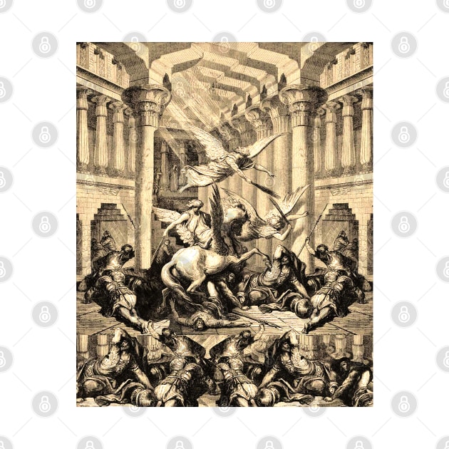 Warrior angels with swords attack soldiers of Rome in the temple by Marccelus