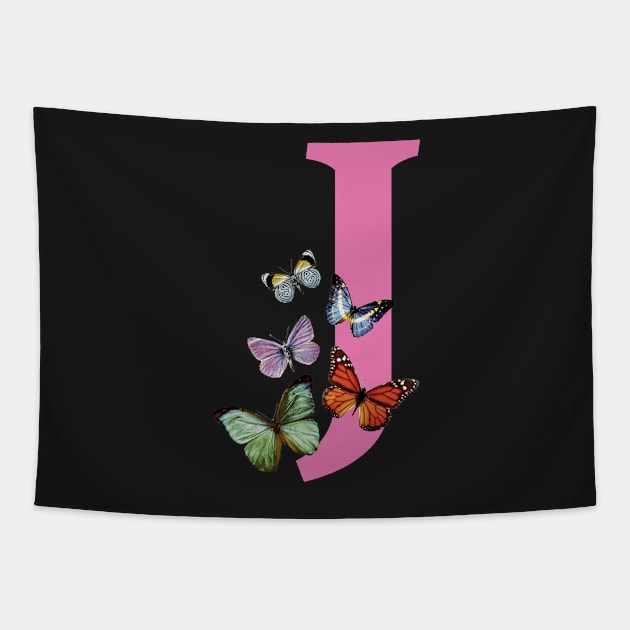 Letter pink J with colorful butterflies Tapestry by ColorsHappiness