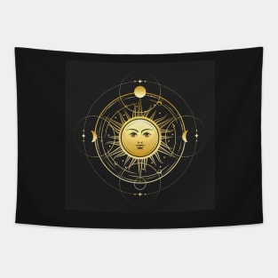 Esoteric Symbol of Sun with Phases of Moon and Stars Tapestry