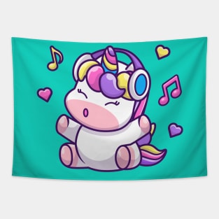 Cute Unicorn Listening Music With Headphone Tapestry