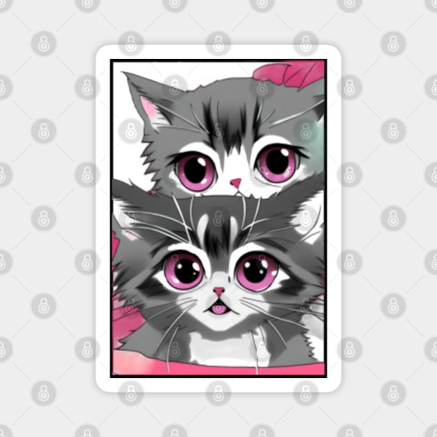 Cute Anime Kittens with Large Pink Eyes Magnet by CBV