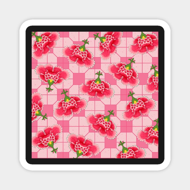 Chinese Vintage Pink and Red Flowers with Blush Pink Tile - Hong Kong Traditional Floral Pattern Magnet by CRAFTY BITCH