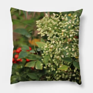 White Flowers Red Berries Pillow