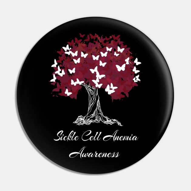 Sickle Cell Anemia Awareness Red Ribbon Tree With Butterflies Pin by MerchAndrey