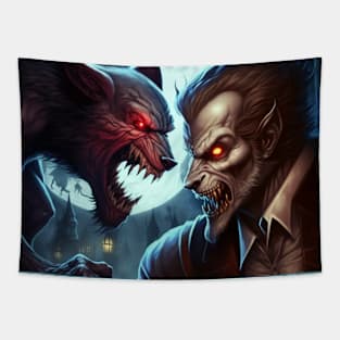 Close up of a cartoon image of a vampire vs. a werewolf fight at full moon. Tapestry