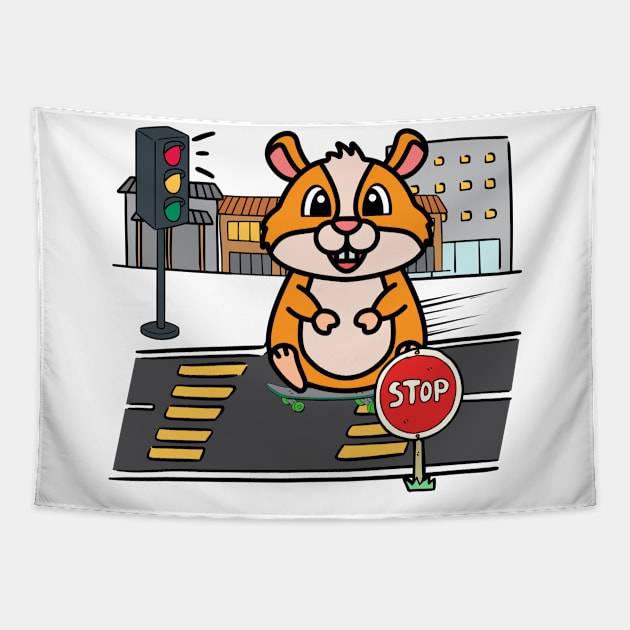 Funny Furry Hamster is skate boarding on the street Tapestry by Pet Station