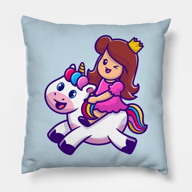 Cute Princess With Unicorn Cartoon Vector Icon Illustration Pillow by Catalyst Labs