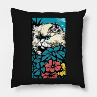 Persian Cat Vibrant Tropical Flower Tall Retro Vintage Digital Pop Art Portrait 3 Pillow