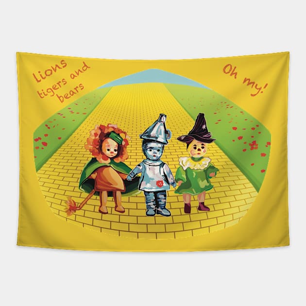 Lions tigers and bears, oh my! Cowardly lion, tin man and scarecrow kids. Wizard of Oz. Tapestry by Peaceful Pigments