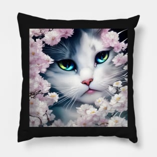 White Kitten surrounded by Pink Flowers | White, grey and blue cat with blue and yellow eyes | Digital art Sticker Pillow