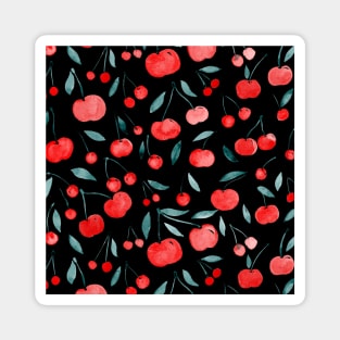 Watercolor cherries pattern - red, teal on black Magnet