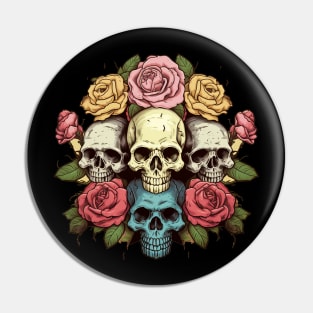 Colorful Sugar Skulls with Roses Pin