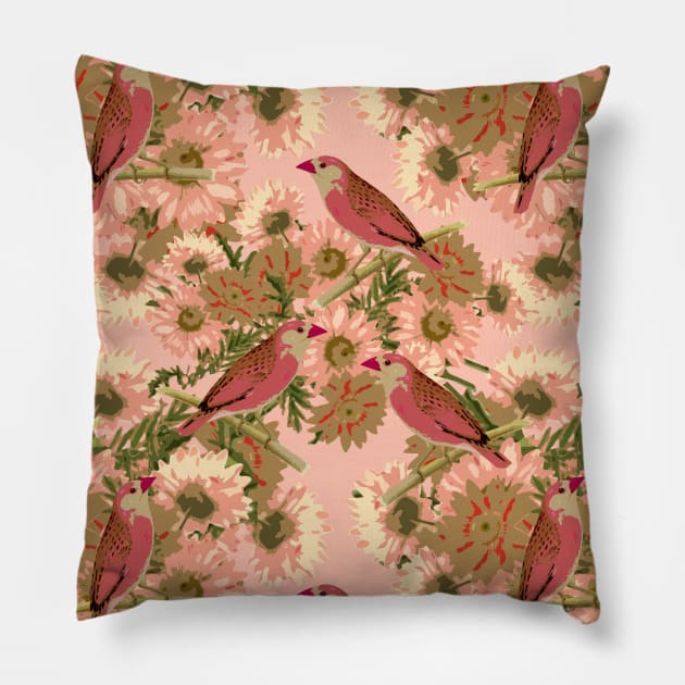 Pink Birds and Florals Pillow by LavenderBlu