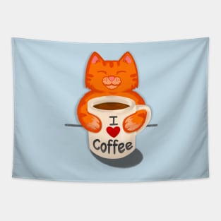 Cat Sipping Coffee I LOVE COFFEE Tapestry