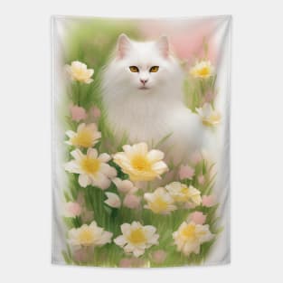 Longhaired White Cat in the Flower Garden Soft Pastel Colors Tapestry
