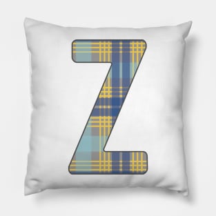 Monogram Letter Z, Blue, Yellow and Grey Scottish Tartan Style Typography Design Pillow