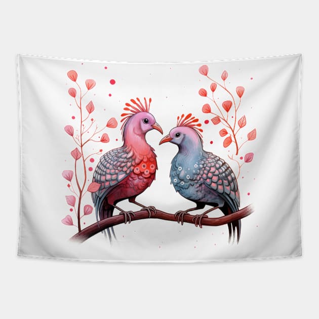 Valentine Kissing Guinea Fowl Bird Couple Tapestry by Chromatic Fusion Studio