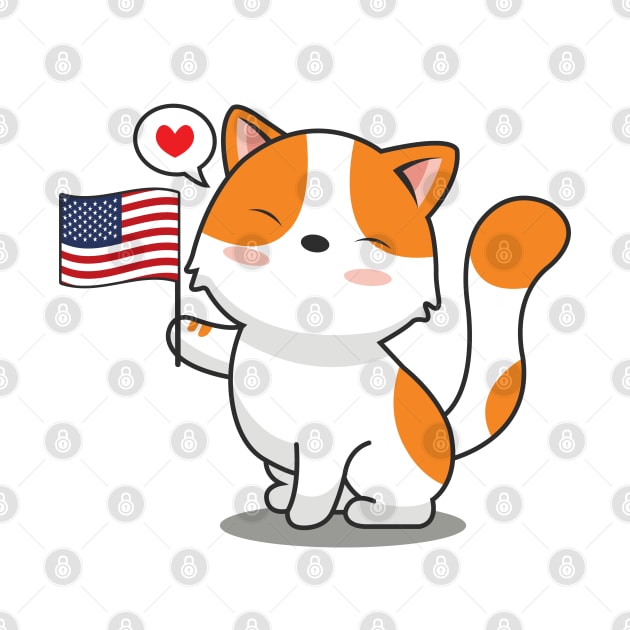 Cute Cat Holding American Flag by Luna Illustration