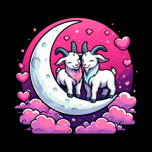 Valentine Goats Lovers Couple on Moon valentines day by Figurely creative