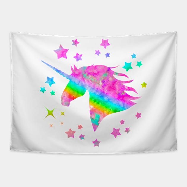 Sparkling Rainbow Unicorn Watercolor Portrait Painting Tapestry by Miao Miao Design