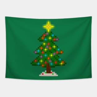 Pixel Christmas Tree with Glowing Lights (Green) Tapestry