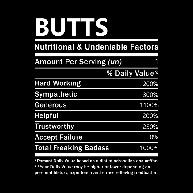 Butts Name T Shirt - Butts Nutritional and Undeniable Name Factors Gift Item Tee by nikitak4um