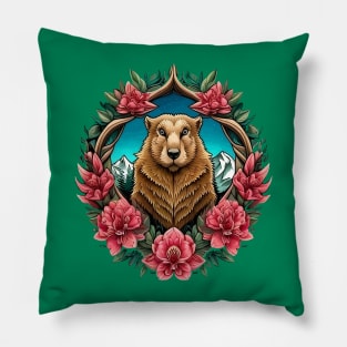 Olympic Marmot Surrounded By A Wreath Of Rhododendron Tattoo Style Art Pillow