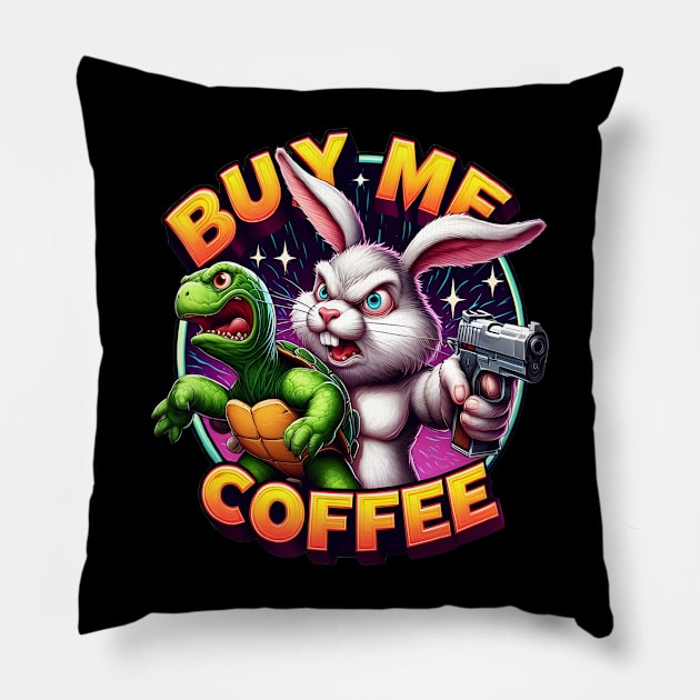 Rabbits Revenge: Tortoise Standoff Buy Me A Coffee Pillow by coollooks