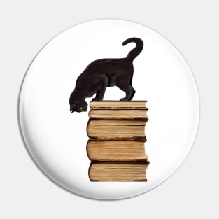 Curious Black Cat on Old Books for Literary Cat Lovers Pin