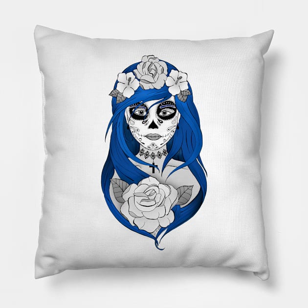 Art et Be - Santa Muerte Blue Pillow by Art_et_Be