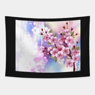 Pink Sakura on Painting Background Tapestry